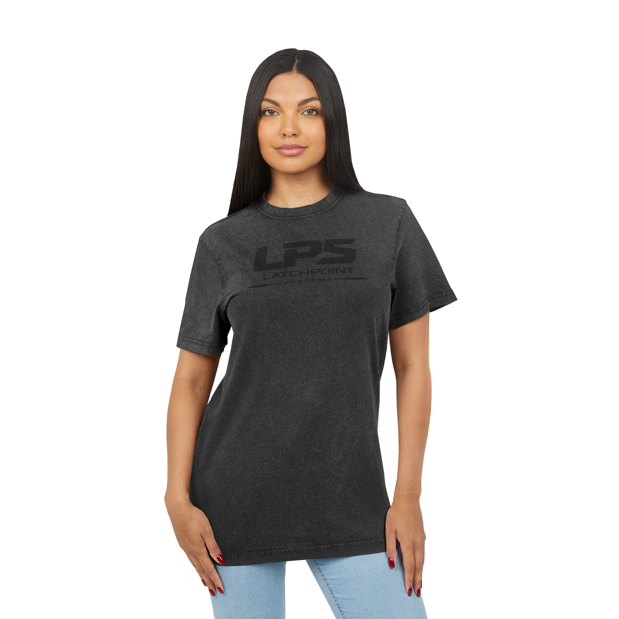 LPS acid washed round neck tee with LatchPoint Systems logo for everyday wear