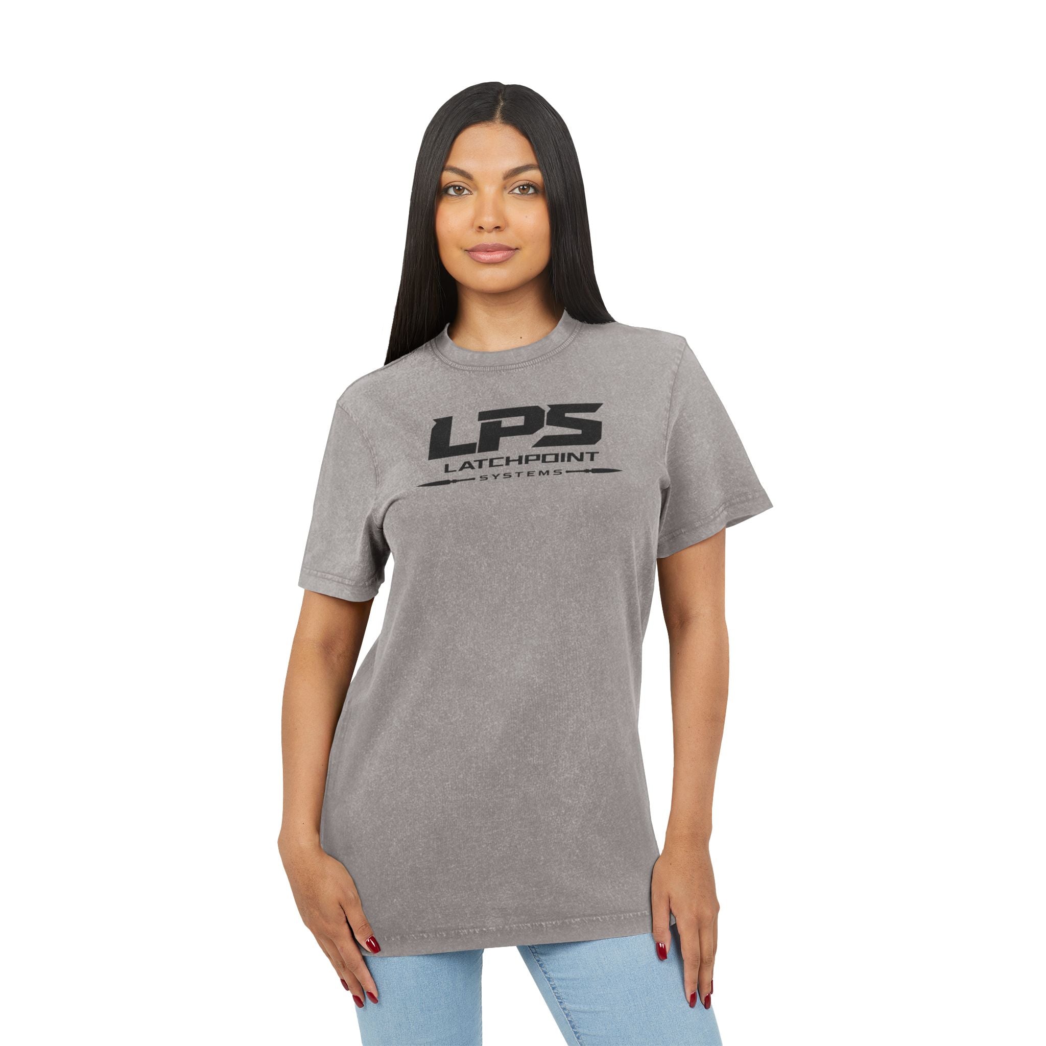 LPS acid washed round neck tee with LatchPoint Systems logo for everyday wear