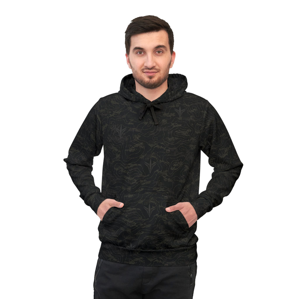 TERRA BLACK athletic hoodie with all-over terrain-inspired camouflage pattern and LatchPoint Systems branding