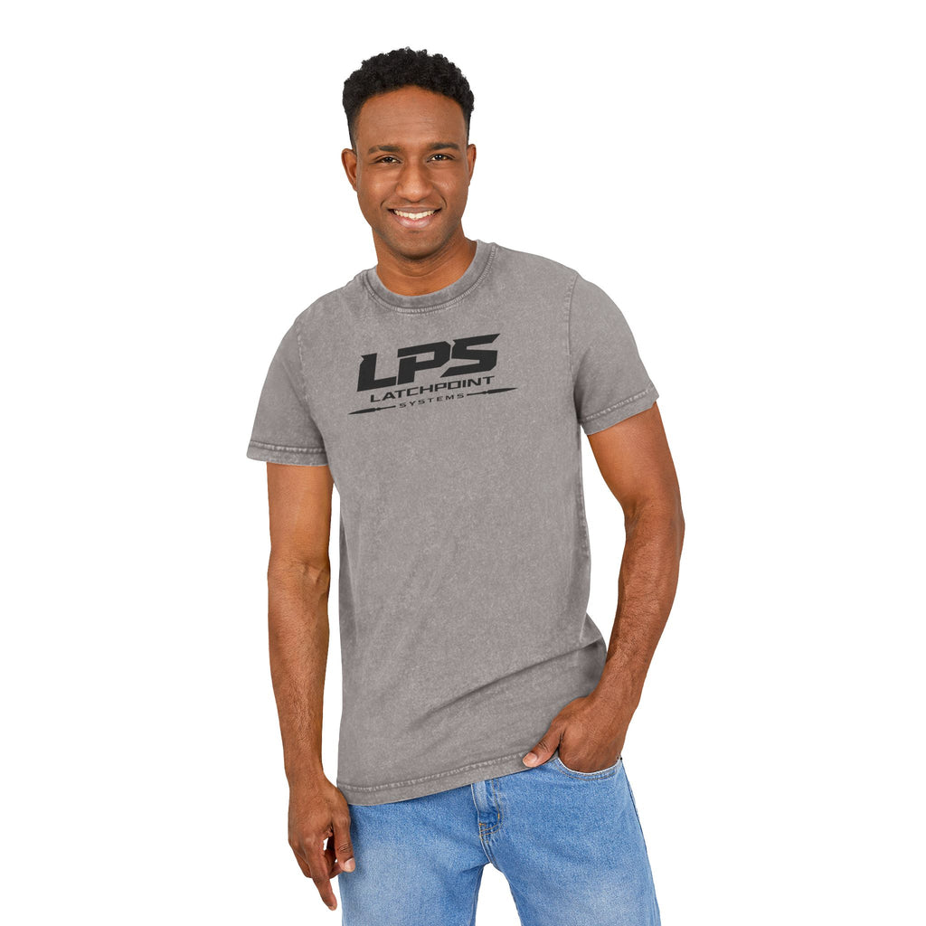 LPS acid washed round neck tee with LatchPoint Systems logo for everyday wear