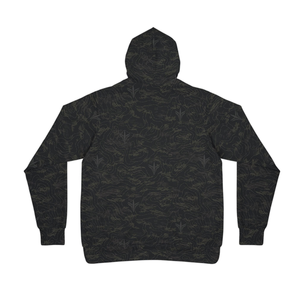 TERRA BLACK athletic hoodie with all-over terrain-inspired camouflage pattern and LatchPoint Systems branding