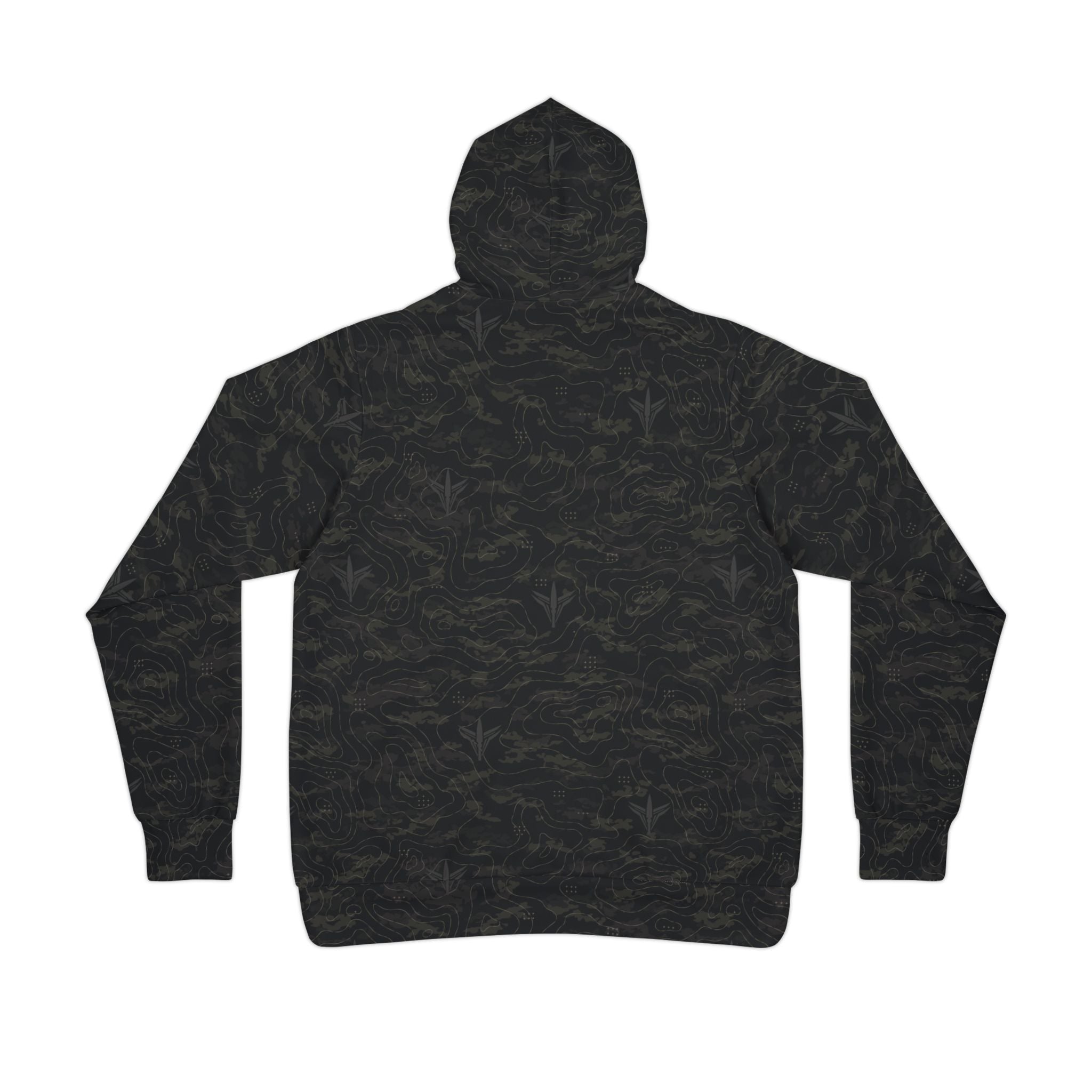TERRA BLACK athletic hoodie with all-over terrain-inspired camouflage pattern and LatchPoint Systems branding