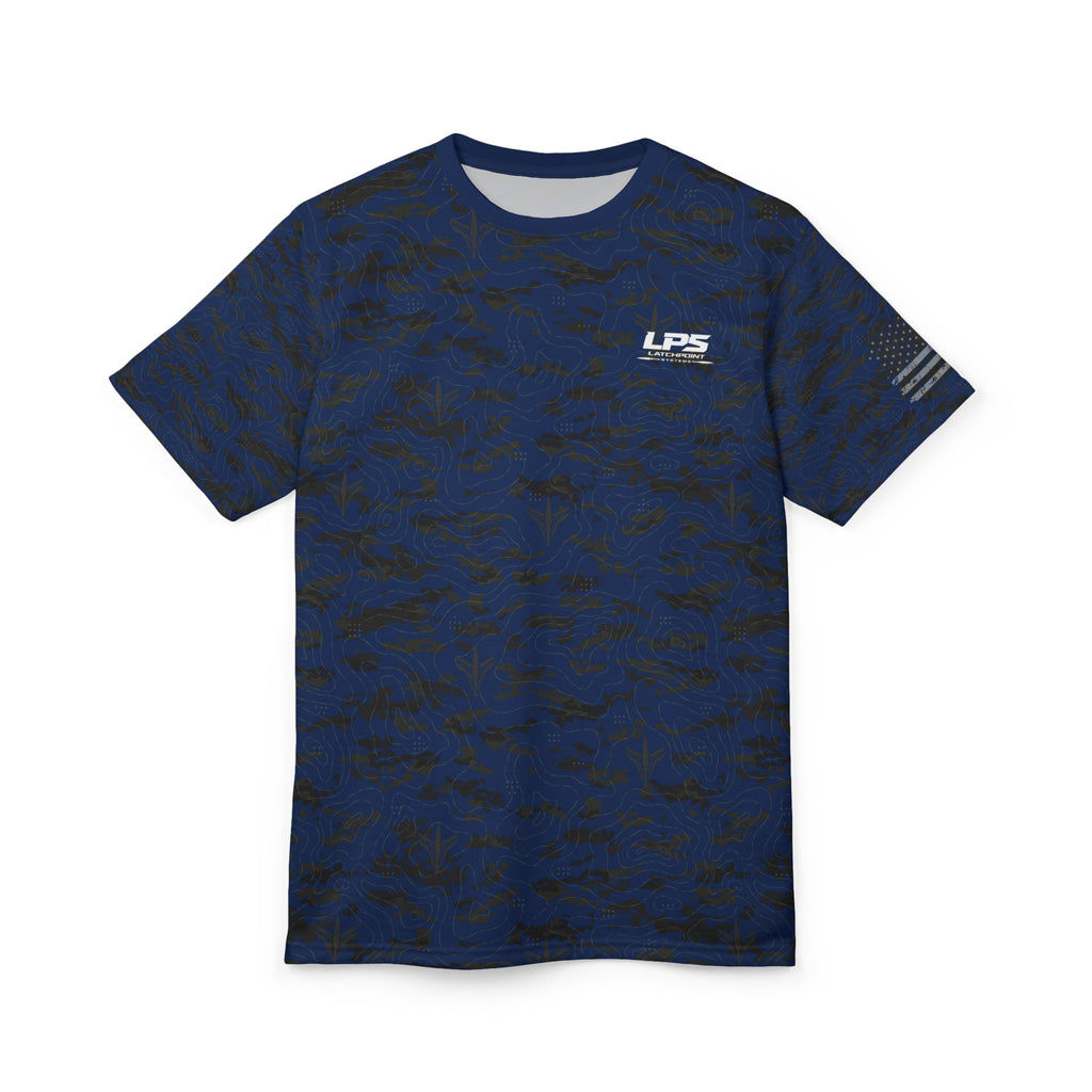 LPS American Flag blue patriot tee with distressed flag graphic and LatchPoint Systems style
