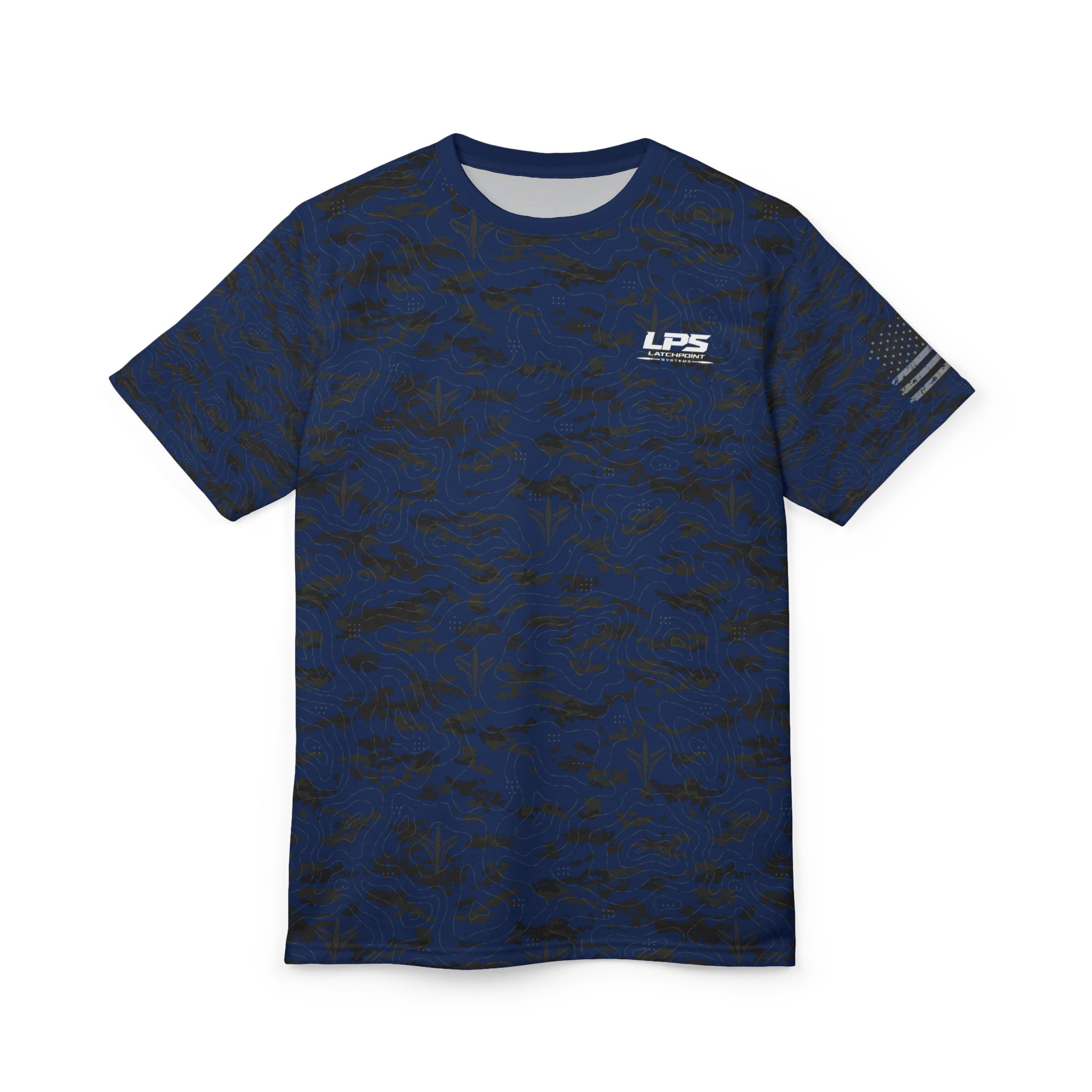 LPS American Flag blue patriot tee with distressed flag graphic and LatchPoint Systems style