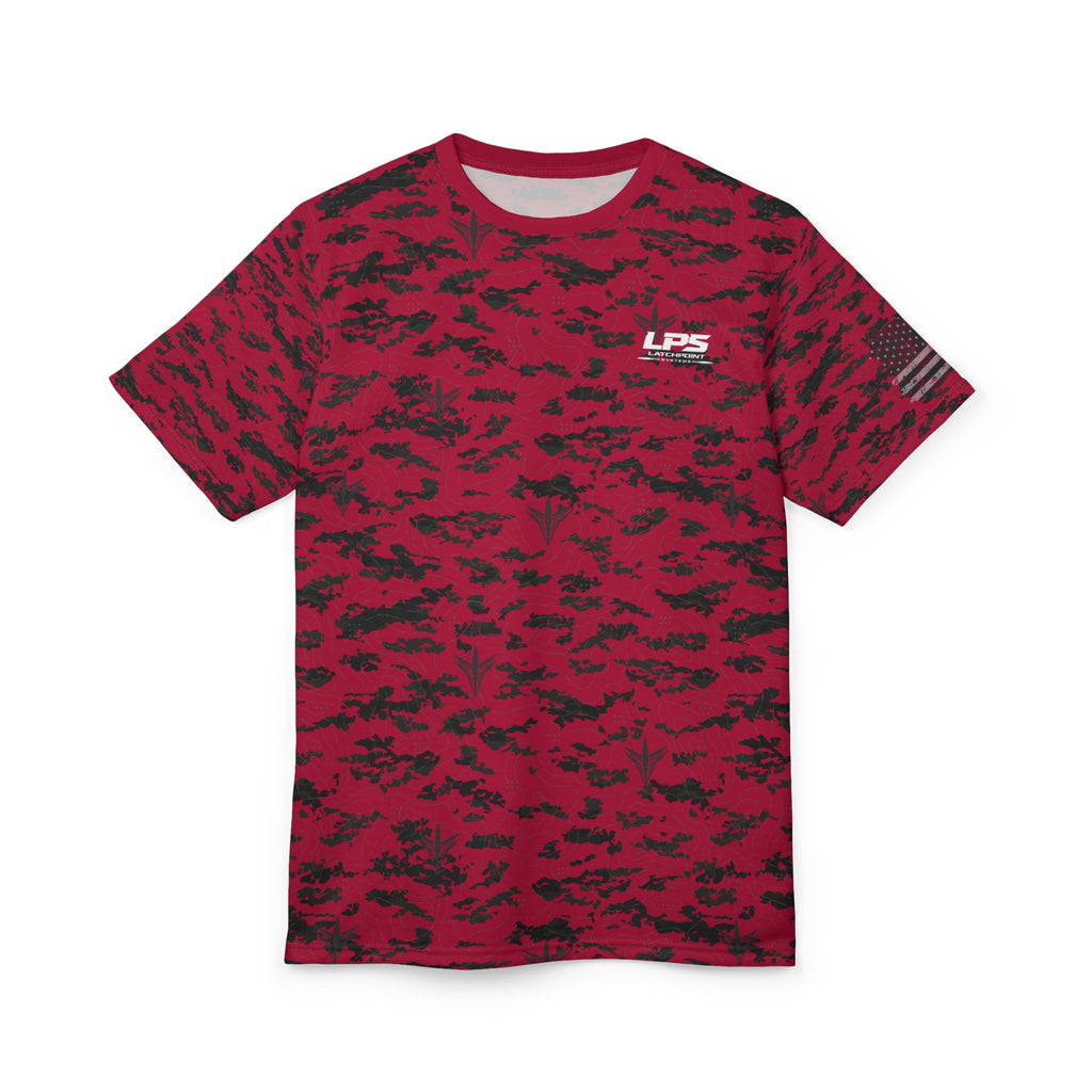 LPS American Flag red patriot tee with distressed flag graphic and LatchPoint Systems style