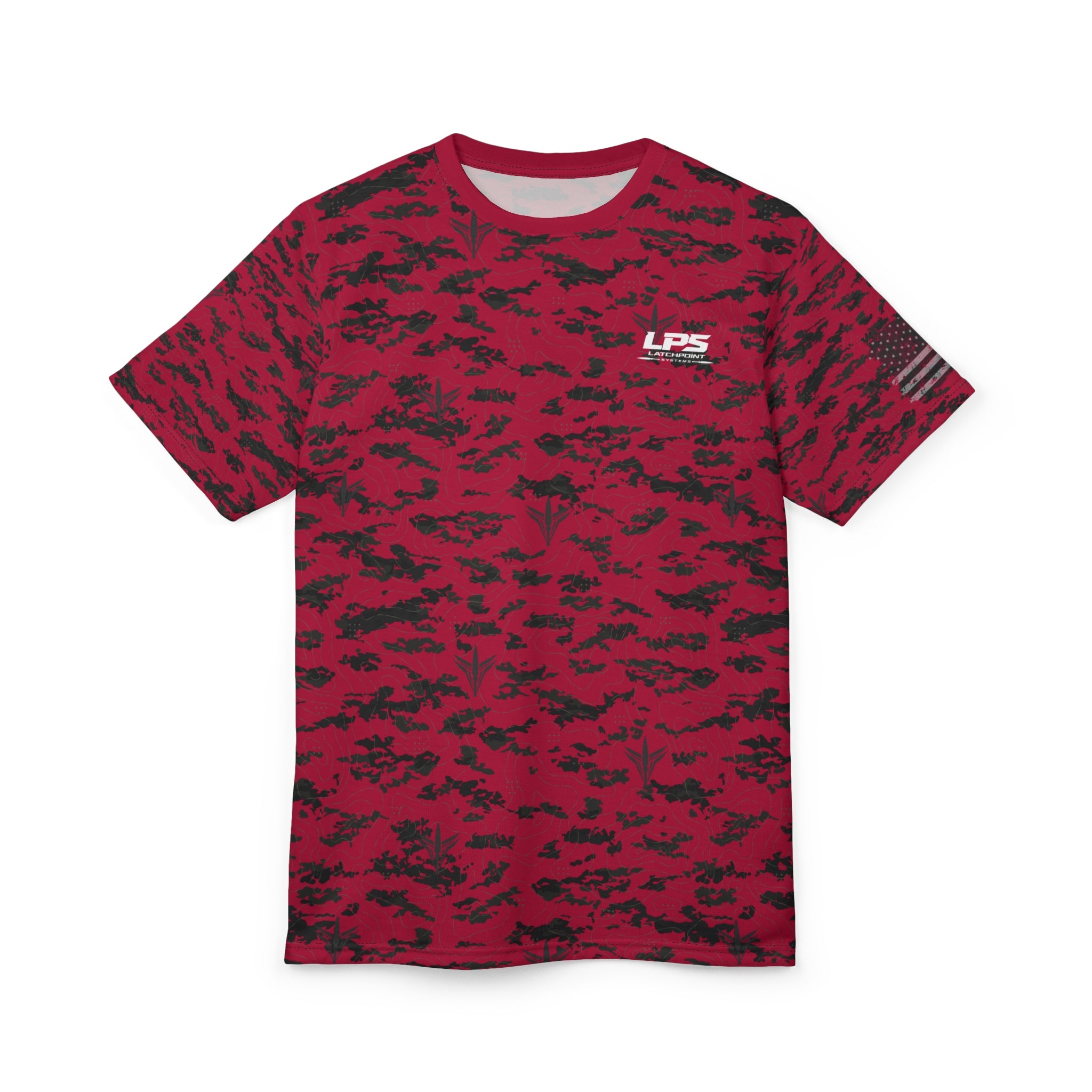 LPS American Flag red patriot tee with distressed flag graphic and LatchPoint Systems style