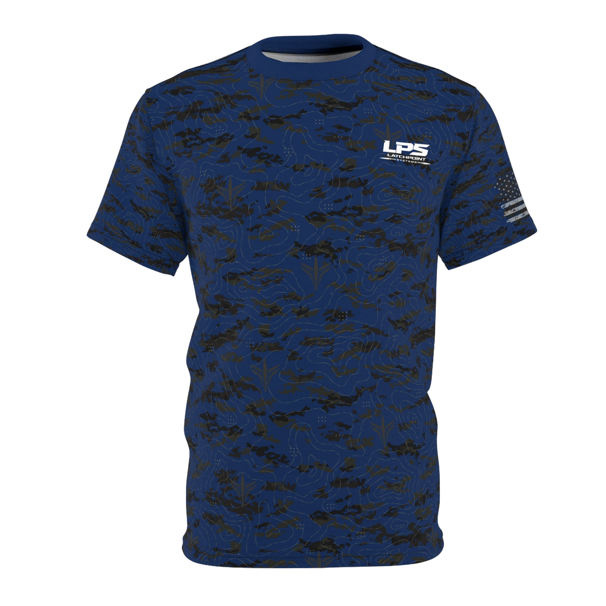 LPS American Flag blue patriot tee with distressed flag graphic and LatchPoint Systems style