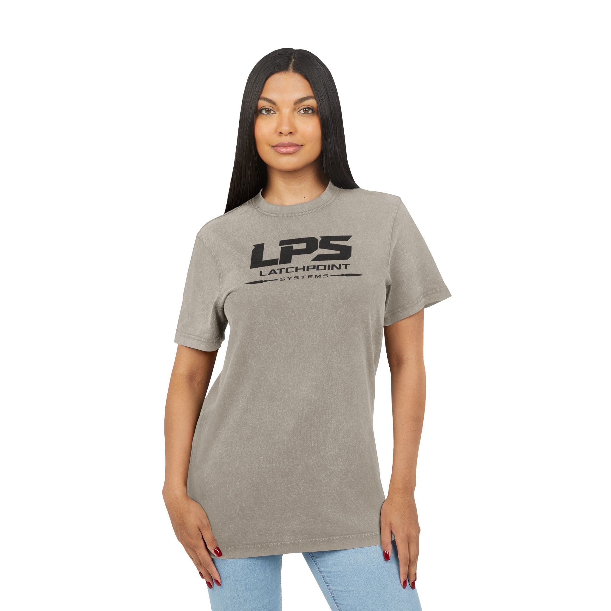 LPS acid washed round neck tee with LatchPoint Systems logo for everyday wear