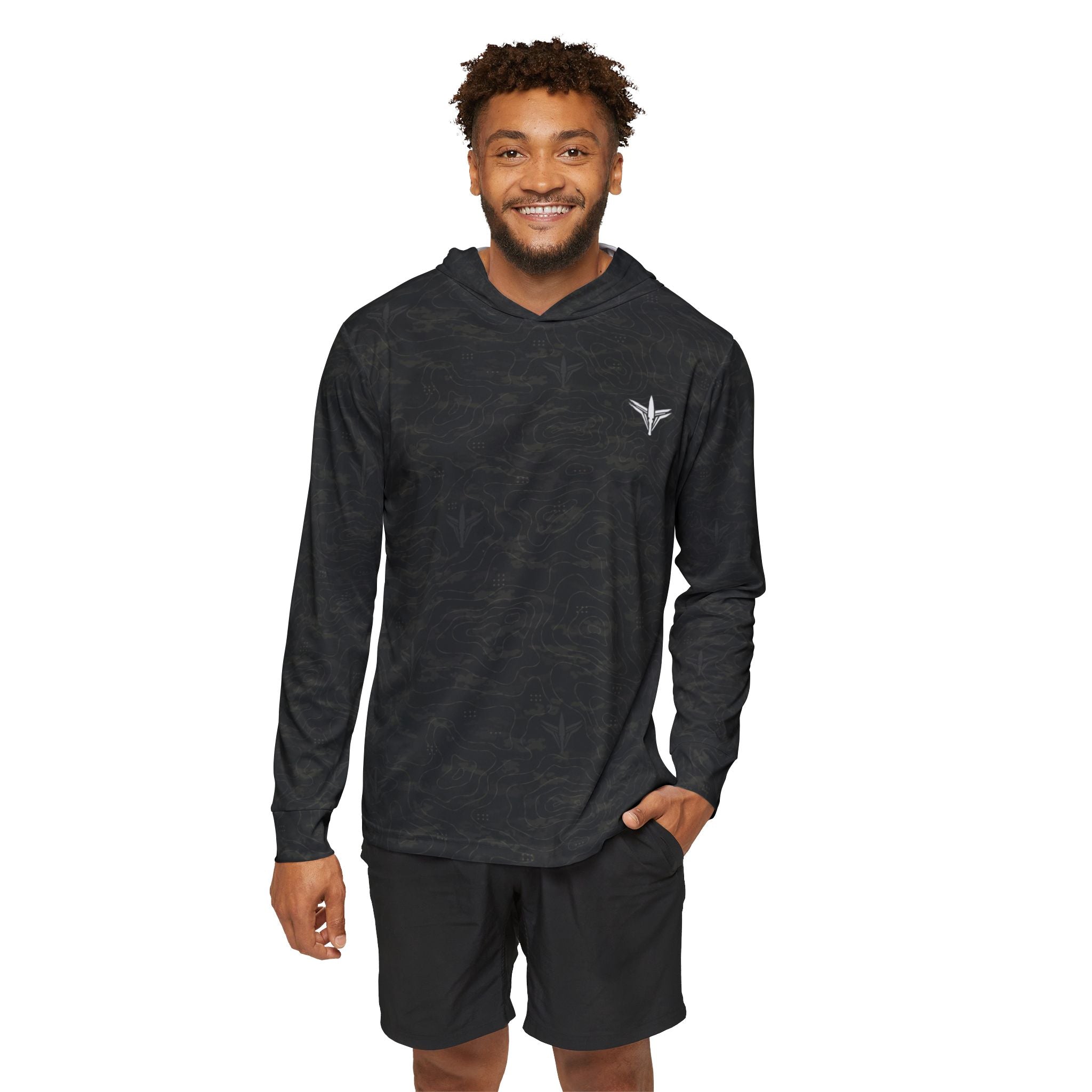 TERRA BLACK men's sports warmup hoodie with all-over terrain-inspired camouflage pattern