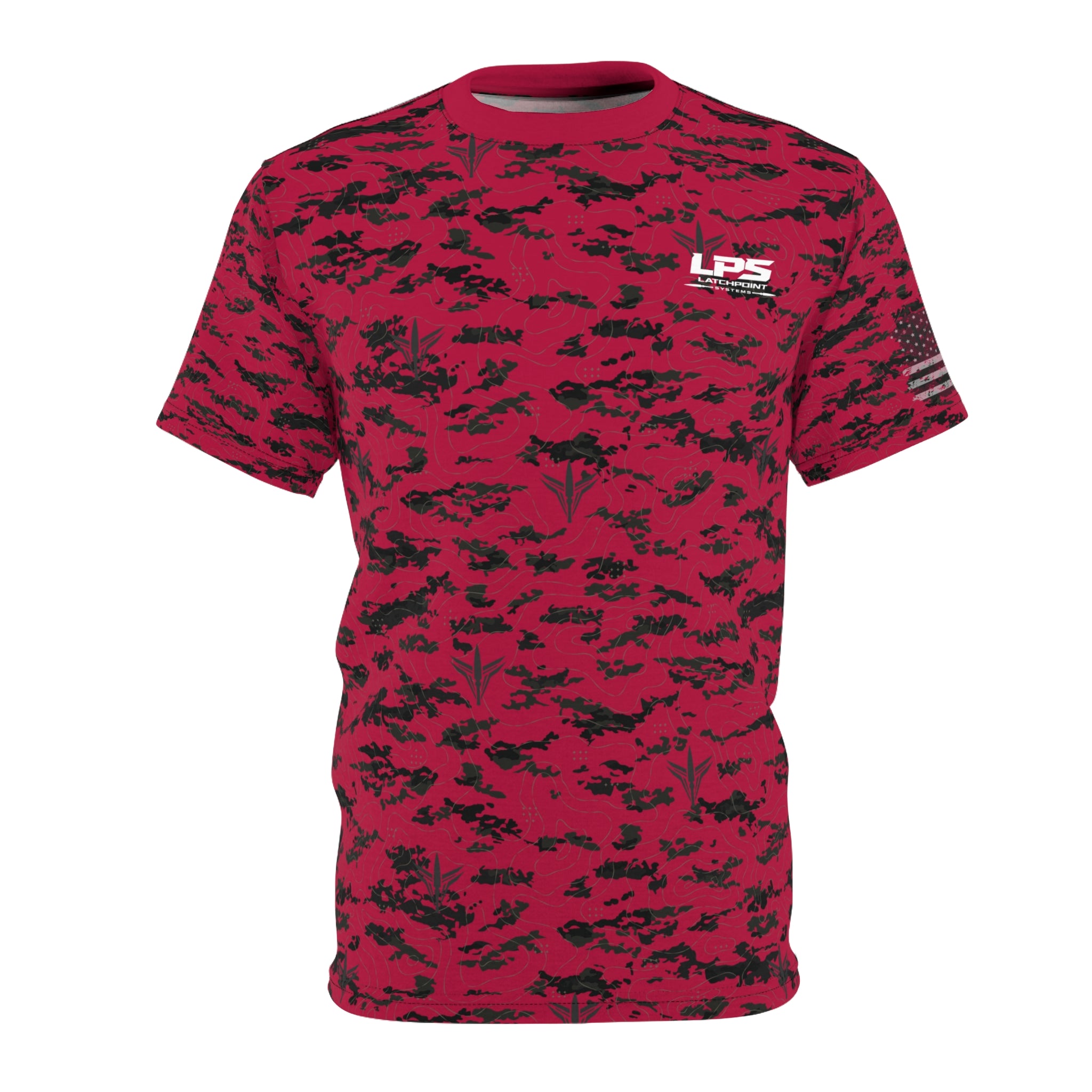 LPS American Flag red patriot tee with distressed flag graphic and LatchPoint Systems style