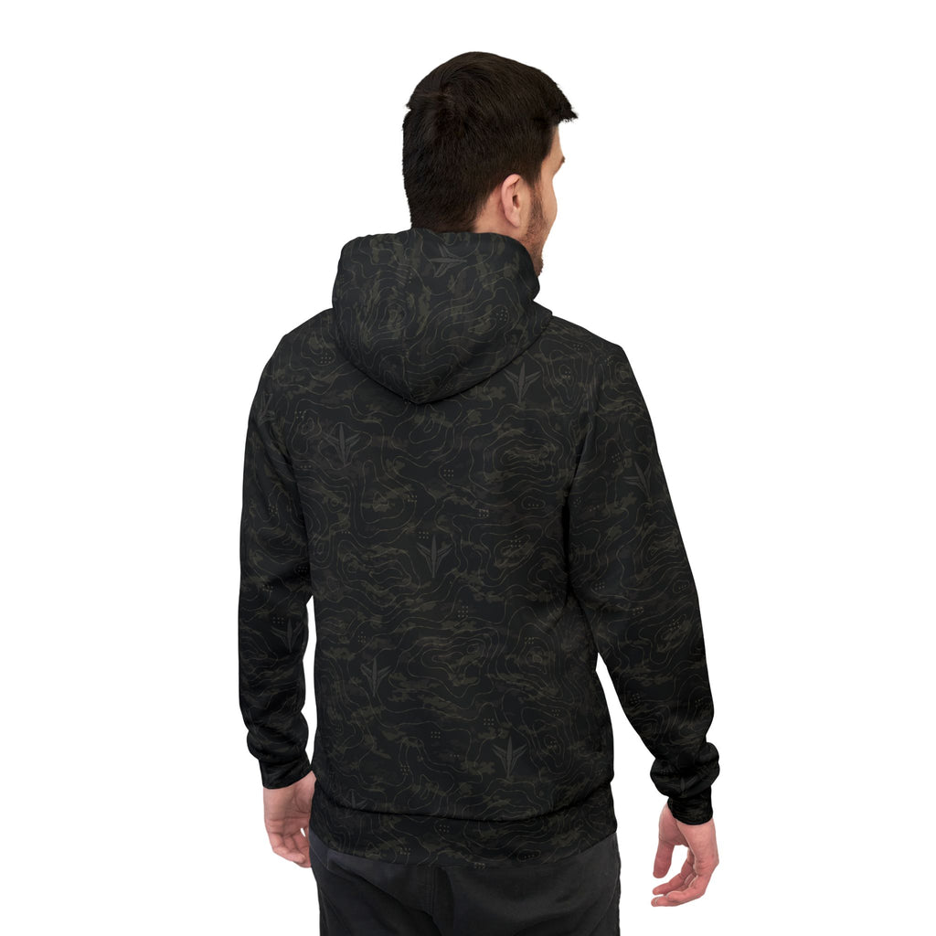 TERRA BLACK athletic hoodie with all-over terrain-inspired camouflage pattern and LatchPoint Systems branding
