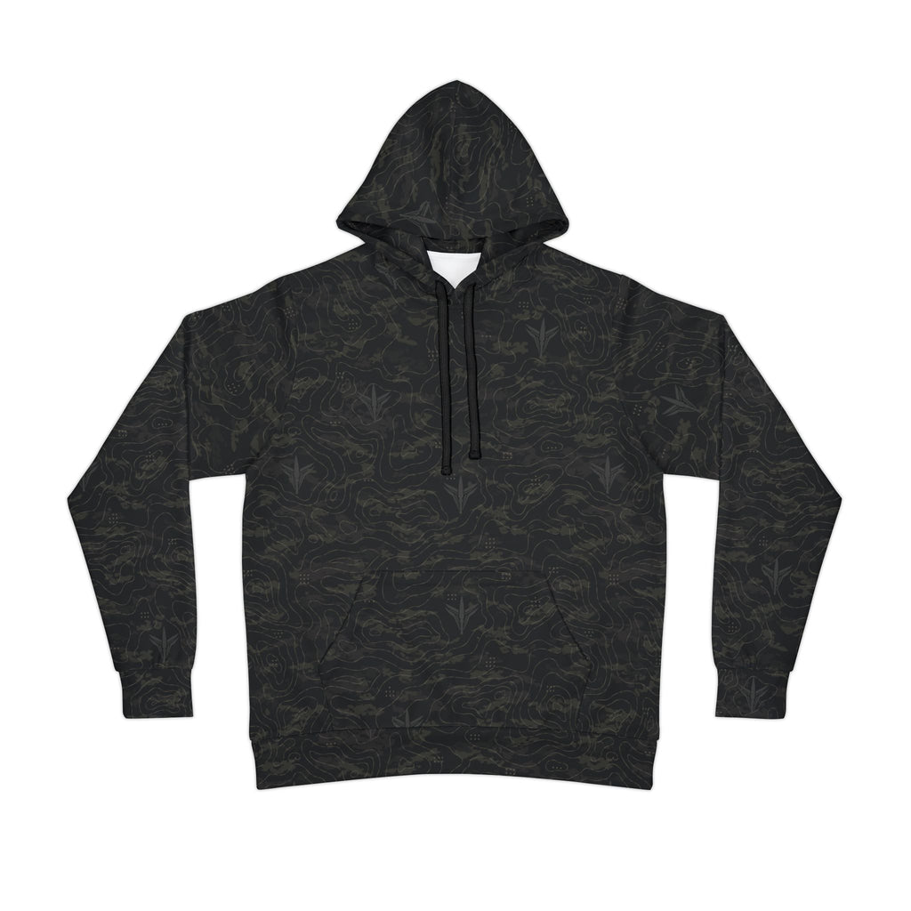 TERRA BLACK athletic hoodie with all-over terrain-inspired camouflage pattern and LatchPoint Systems branding