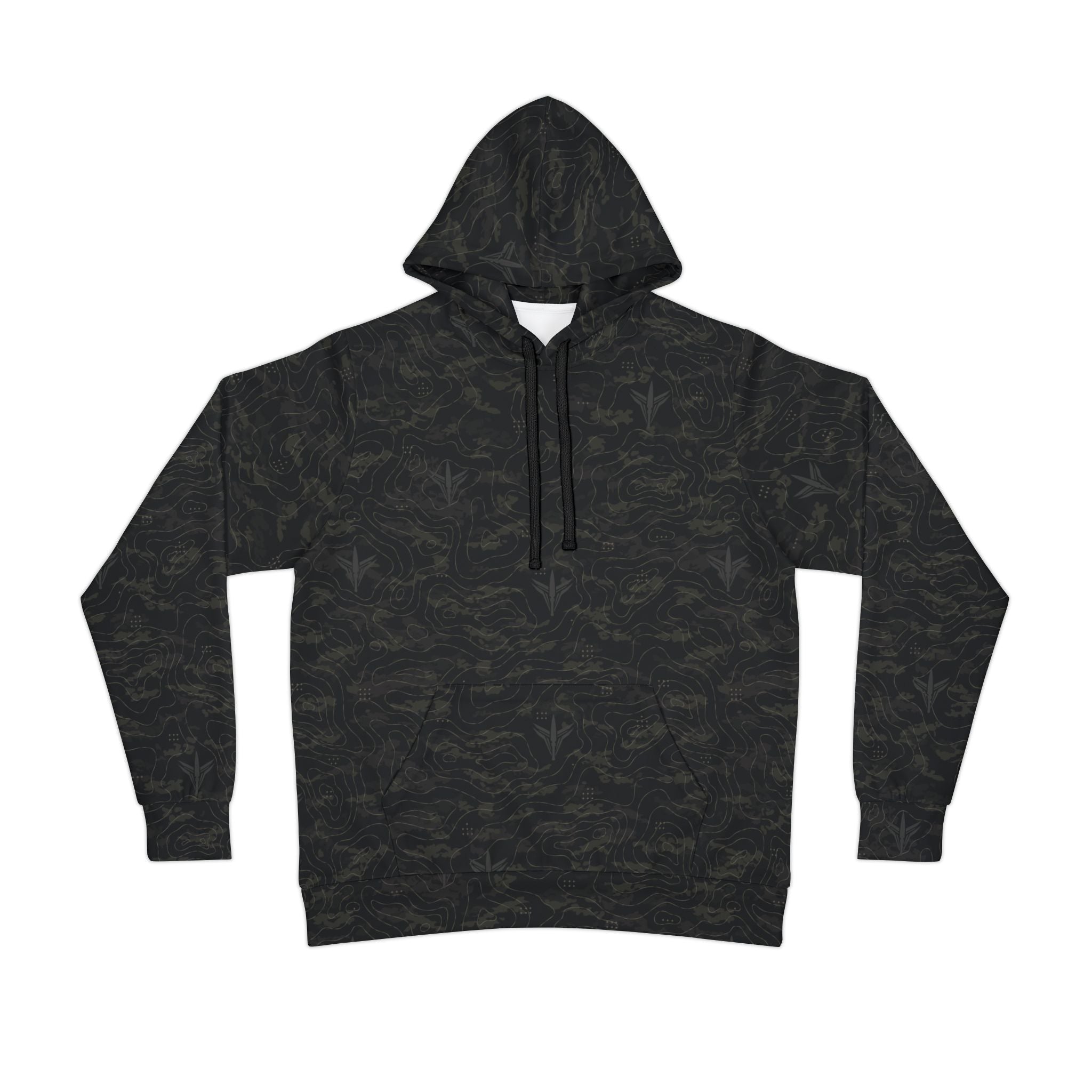 TERRA BLACK athletic hoodie with all-over terrain-inspired camouflage pattern and LatchPoint Systems branding