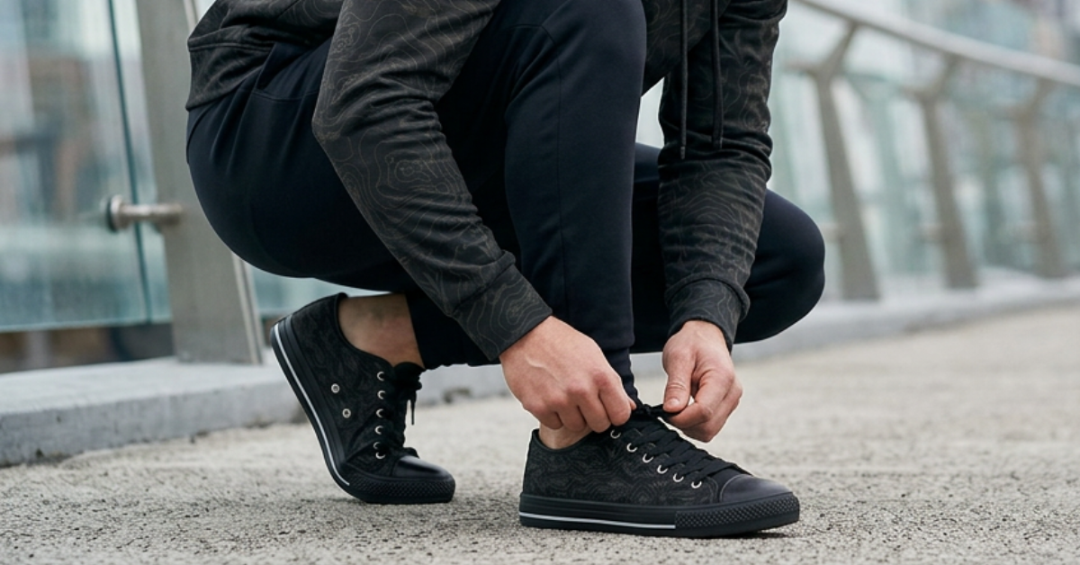 Man tying his lps sneakers outdoors with a cityscape background
