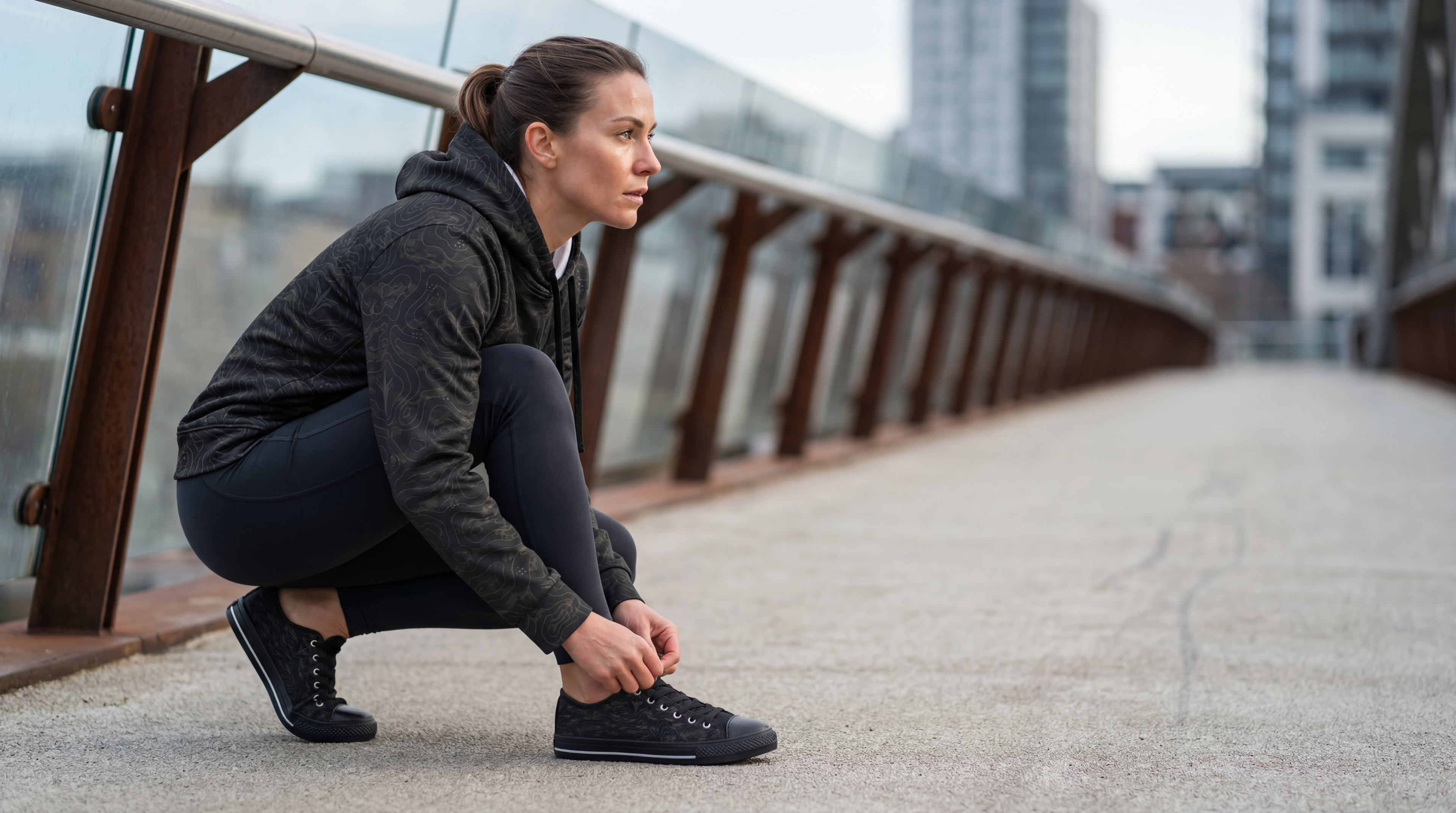 Woman wearing TERRA BLACK shoes and Hoodie
