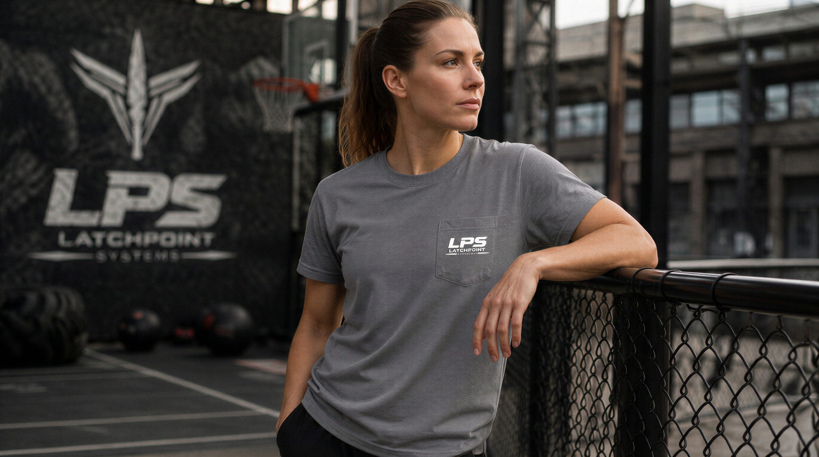 Woman wearing a gray t-shirt with LPS logo in an outdoor sports setting