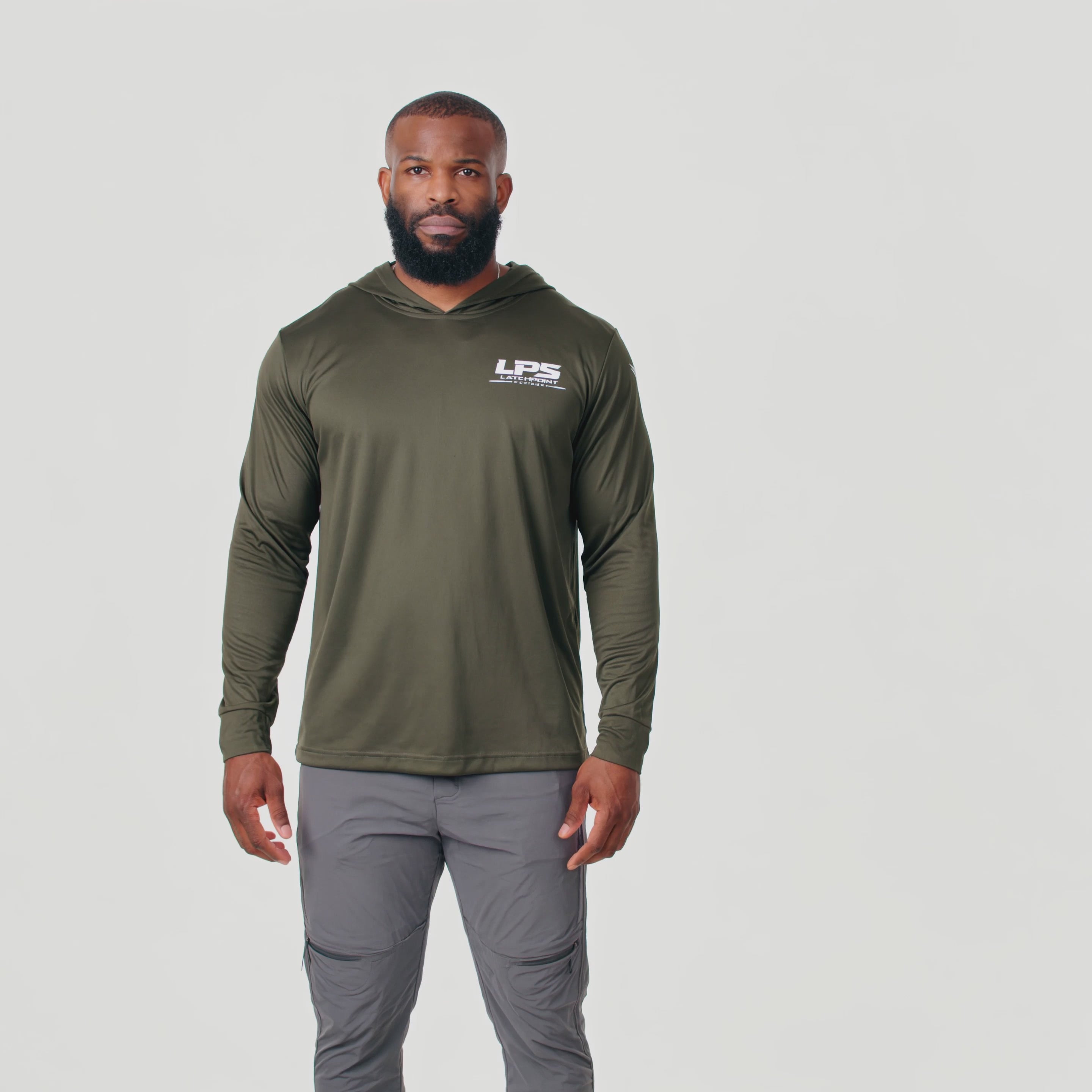 LPS 360 degree view of man wearing warm up hoodie