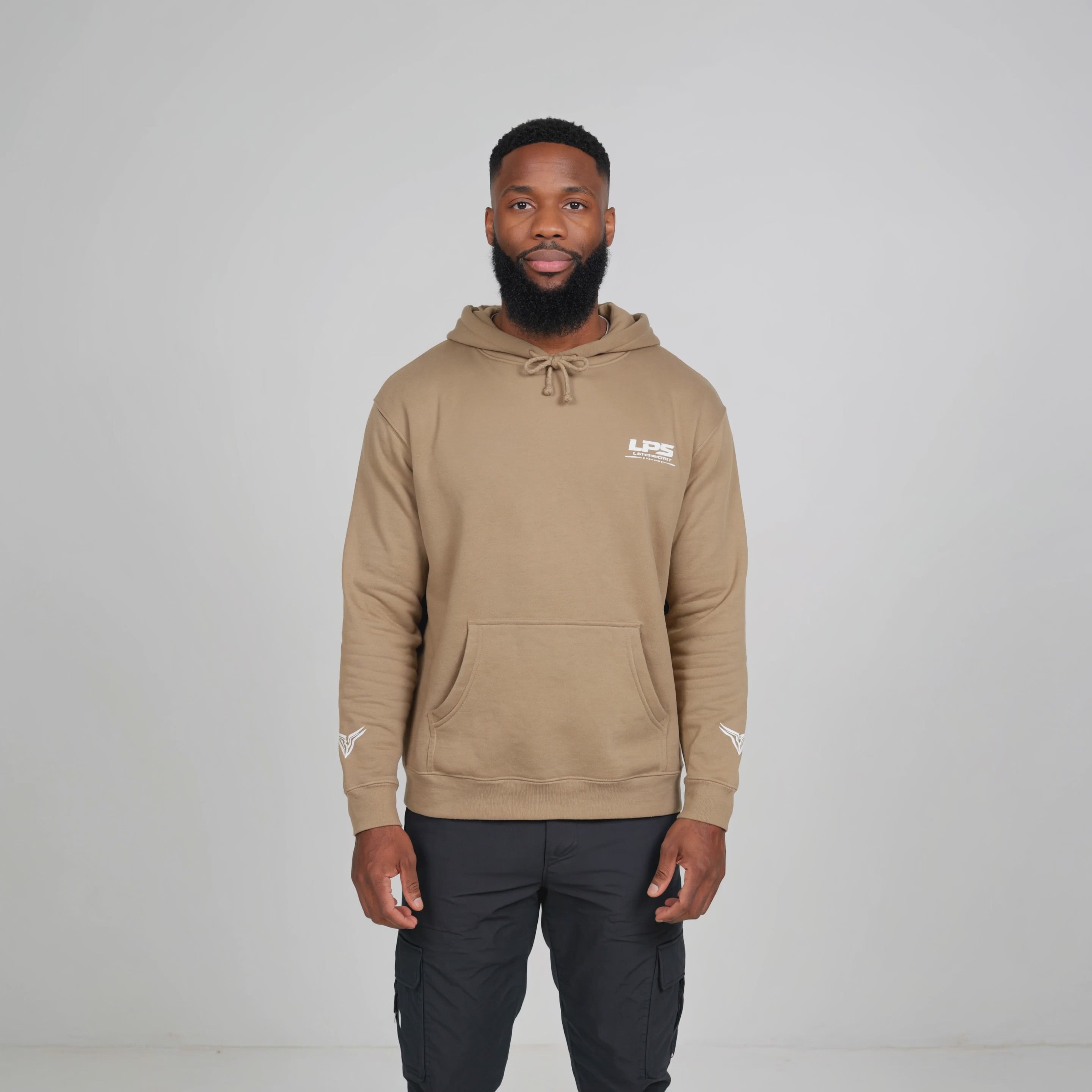 LPS Man wearing unisex heavy weight hoodie