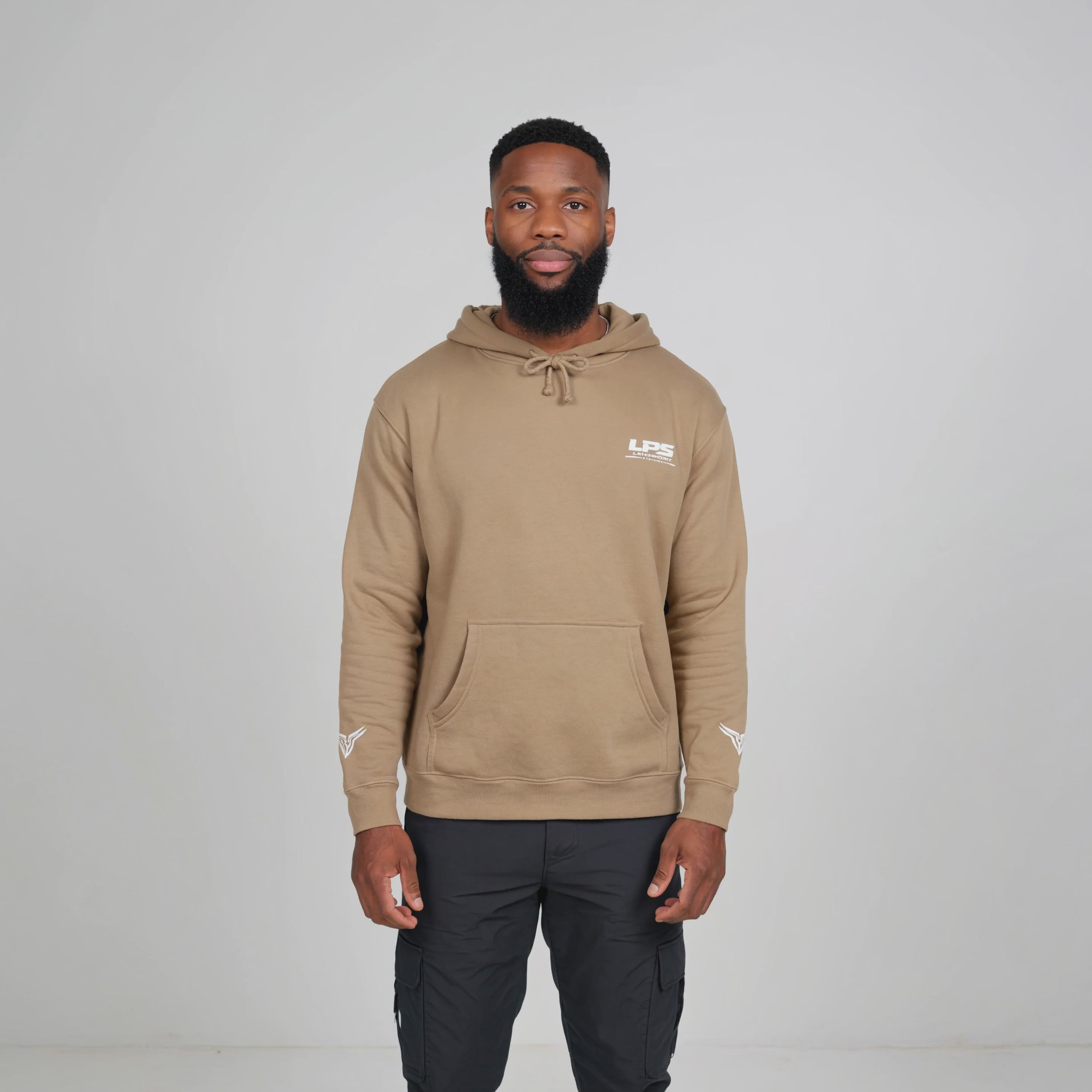 LPS Man wearing unisex heavy weight hoodie